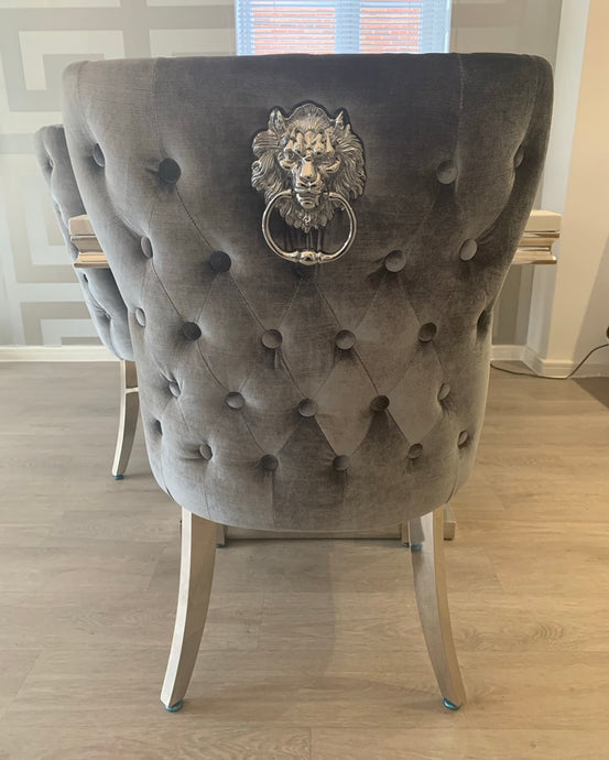 Valentina Grey Crushed Velvet Lion Knocker Winged Back Quilted Dining Chair