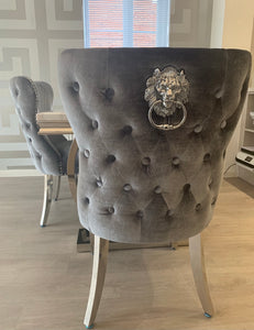 Valentina Grey Crushed Velvet Lion Knocker Winged Back Quilted Dining Chair