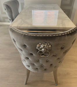 Valentina Grey Crushed Velvet Lion Knocker Winged Back Quilted Dining Chair