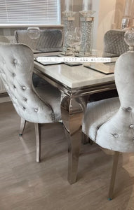 1.5m Louis White Dining Table + 4 Tufted Knocker Back Chairs