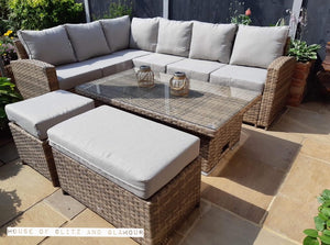 St Tropez Rattan High Back Corner Sofa With Rising Dining Table Set In Brown