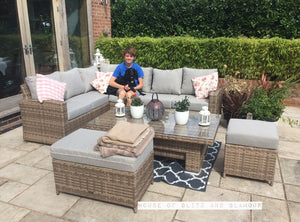 St Tropez Rattan High Back Corner Sofa With Rising Dining Table Set In Brown