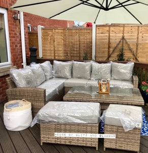 St Tropez Rattan High Back Corner Sofa With Rising Dining Table Set In Brown