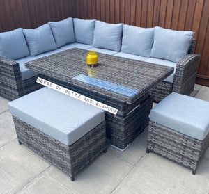 St Tropez Rattan High Back Corner Sofa With Rising Dining Table Set In Grey