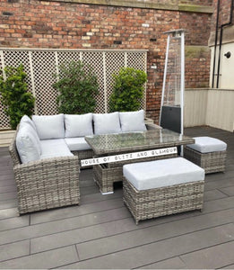 St Tropez Rattan High Back Corner Sofa With Rising Dining Table Set In Grey