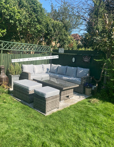 St Tropez Rattan High Back Corner Sofa With Rising Dining Table Set In Grey