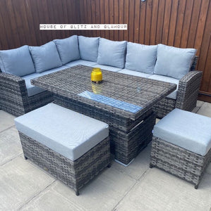 St Tropez Rattan High Back Corner Sofa With Rising Dining Table Set In Grey