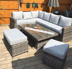 St Tropez Rattan High Back Corner Sofa With Rising Dining Table Set In Grey