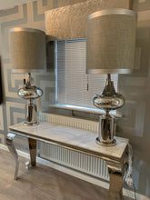 Load image into Gallery viewer, Extra Large Chrome Statement Table Lamp with A Grey Linen Effect Shade