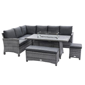 Cuba Corner Sofa with Firepit Dining Table, Bench and Stool