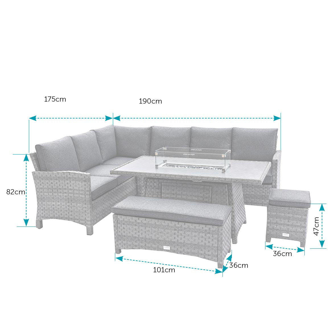 Cuba Corner Sofa with Firepit Dining Table, Bench and Stool
