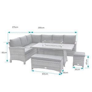 Cuba Corner Sofa with Firepit Dining Table, Bench and Stool