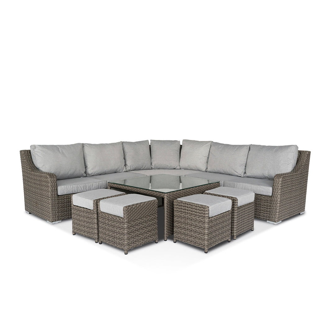 California Large Corner Sofa, Square Coffee Table with 4 Stools in Grey