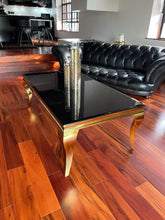 Load image into Gallery viewer, Louis Coffee Table Gold Legs with Black Glass Top (120cm x 60cm)