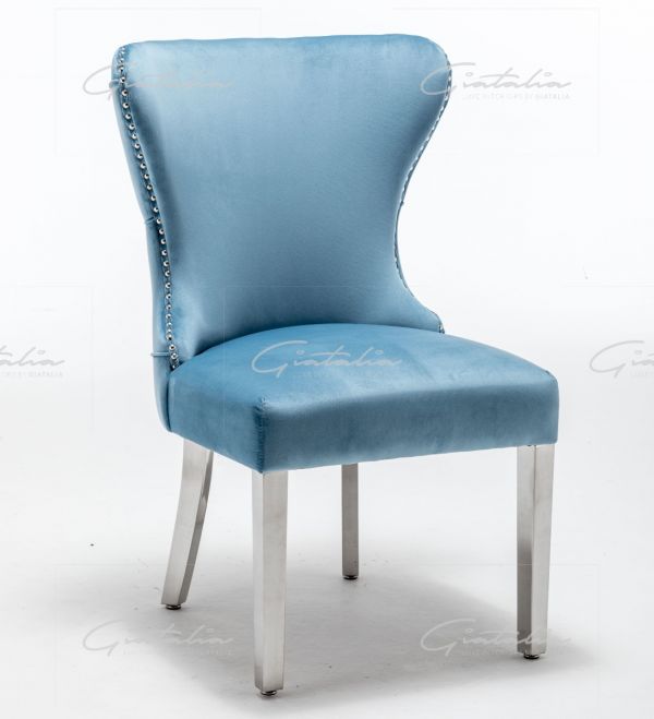 Camilla Powder Blue French Plush Tufted Winged Velvet Dining Chair