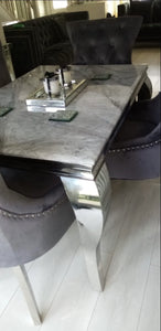 1.2m Louis Grey Marble & Stainless Steel Dining Table With 4 Dining Chairs