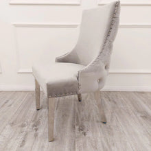 Load image into Gallery viewer, Louis 1.5 Light Grey Marble Dining Table Set &amp; Bentley Light Grey Velvet Studded Back Chrome Leg Dining Chair