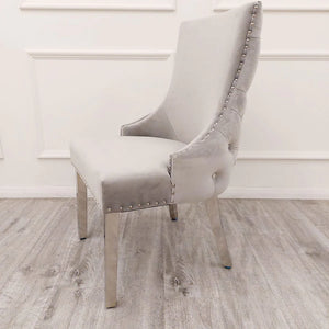 Louis 1.5 Light Grey Marble Dining Table Set & Bentley Light Grey Velvet Studded Back Chrome Leg Dining Chair