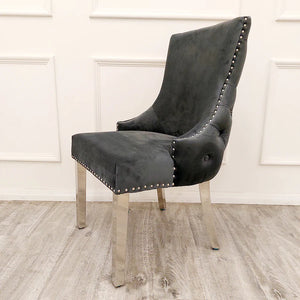 Louis 1.5 Dark Grey Marble Dining Table Set & Bentley Light Grey Velvet Studded Back Chrome Leg Dining Chair