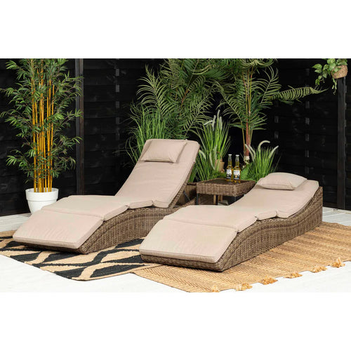 Kensington Set of 2 Sun Loungers with Side Table in Brown Rattan