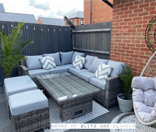 St Tropez Rattan High Back Corner Sofa With Rising Dining Table Set In Grey