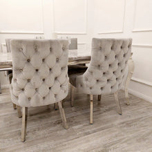 Load image into Gallery viewer, Louis 1.5 Light Grey Marble Dining Table Set &amp; Bentley Light Grey Velvet Studded Back Chrome Leg Dining Chair