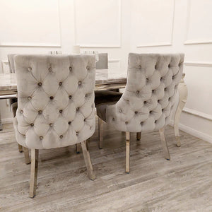 Louis 1.5 Light Grey Marble Dining Table Set & Bentley Light Grey Velvet Studded Back Chrome Leg Dining Chair