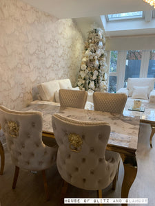 Louis Cream & Gold Pandora Dining Table With Gold Legs Sintered  Top + 4 Cream Giselle Dining Chairs