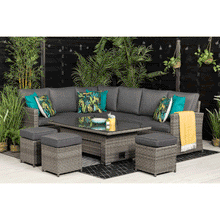 Load image into Gallery viewer, Mayfair Rattan Garden Set With Corner Sofa, Rising Coffee To Dining Table &amp; 3 Stools