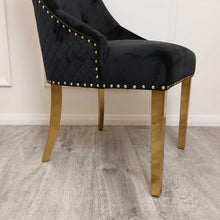 Load image into Gallery viewer, Chelsea Black With Gold Legs Quilted French Velvet Lion Head Knocker Back Dining Chair
