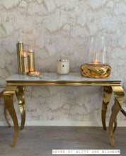 Load image into Gallery viewer, Louis Cream Console Table With Gold Legs And Sintered Pandora Top 140cm x 40cm x 75cm