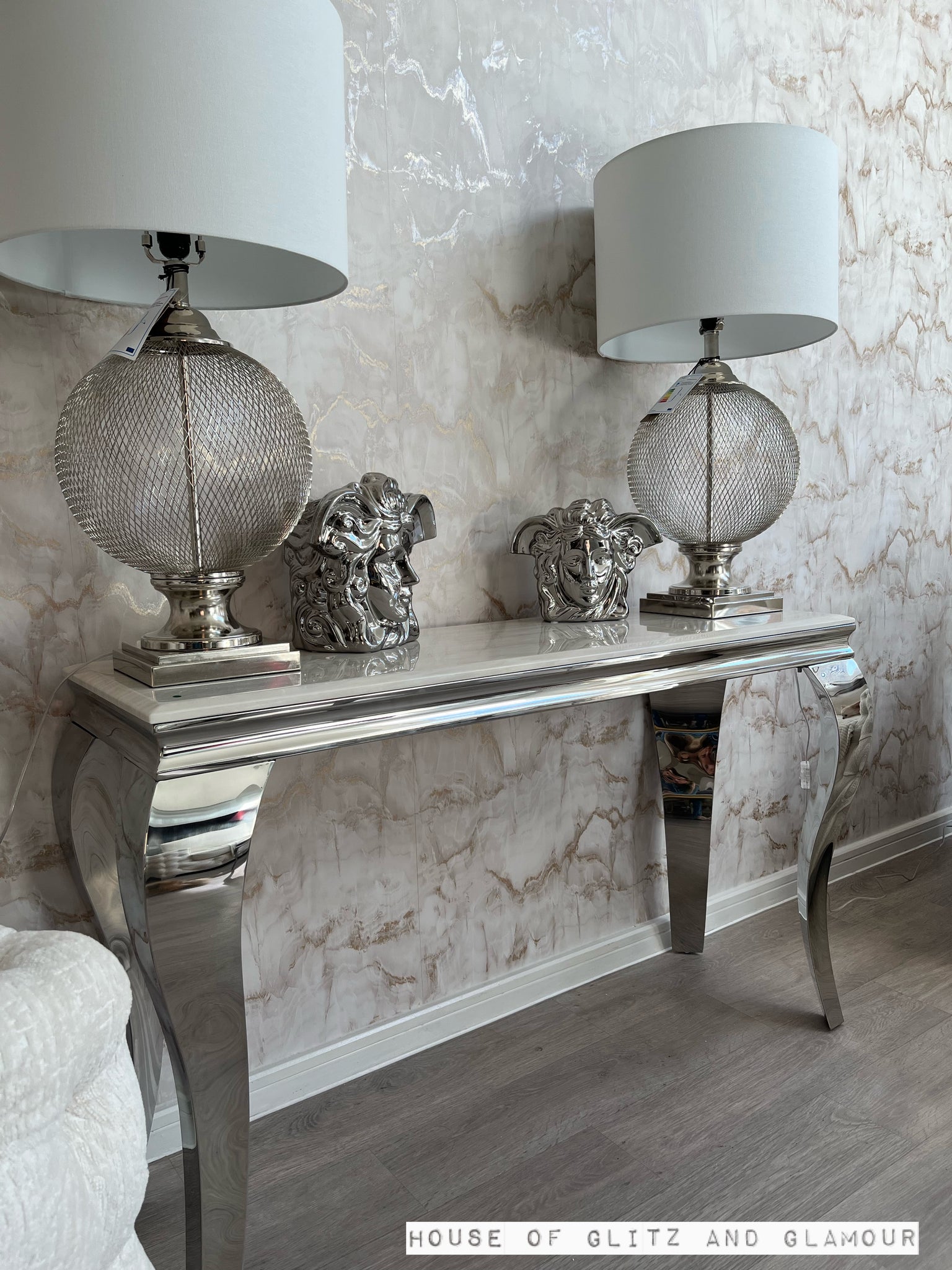 Louis Cream Marble Chrome Console Table 120cm x 40cm x 75cm