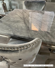 Load image into Gallery viewer, Louis Grey Square 1m x 1m Marble &amp; Stainless Steel Dining Table + 4 Winged Chairs