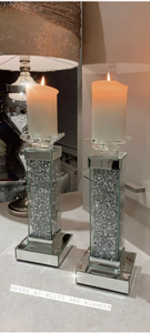 2 x Crushed Diamond Crystal Mirror & Glass Candle Holder