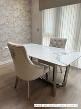 Load image into Gallery viewer, Luca 1.6 Chrome Dining Table with Ice White Sintered With 2 Ivory Chelsea Dining Chairs Stone Top