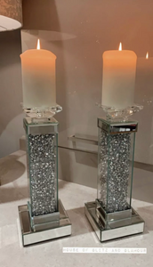 2 x Crushed Diamond Crystal Mirror & Glass Candle Holder