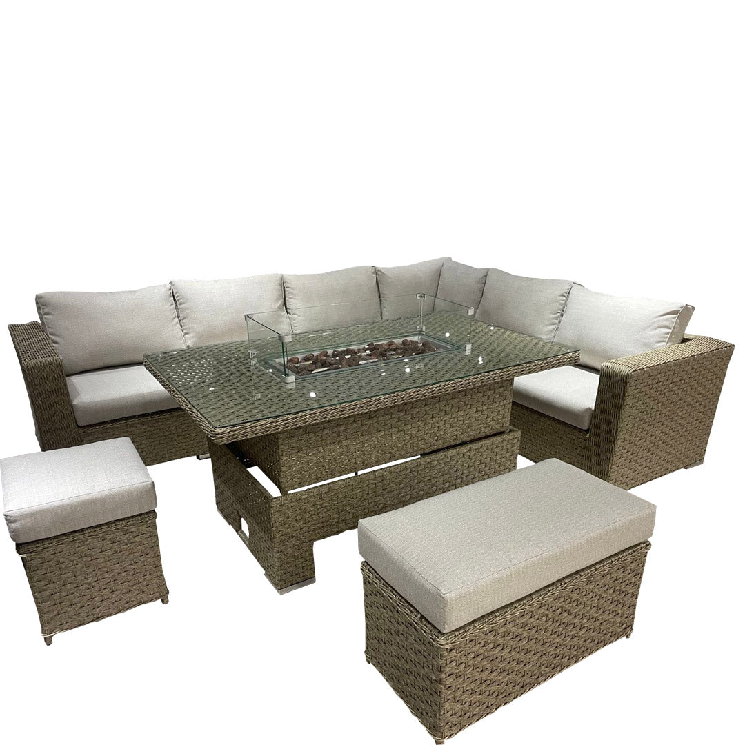 JAMAICA CORNER RISING DINING SET WITH FIRE PIT (NATURAL)