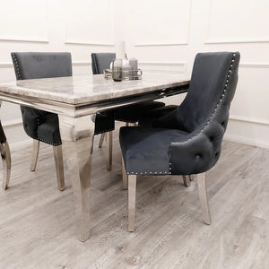 Louis 1.5 Dark Grey Marble Dining Table Set & Bentley Light Grey Velvet Studded Back Chrome Leg Dining Chair