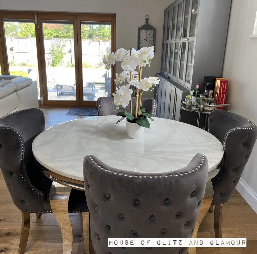 1.3m Louis Round White Marble & Stainless Steel Dining Table