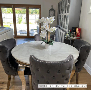 1.3m Louis Round White Marble & Stainless Steel Dining Table