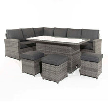 Load image into Gallery viewer, Mayfair Rattan Garden Set With Corner Sofa, Rising Coffee To Dining Table &amp; 3 Stools