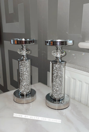 2 x Crushed Diamond Crystal Pillar Candle Holders