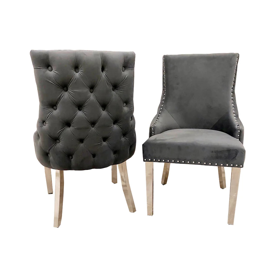 Bentley Dark Grey Velvet Studded Back Chrome Leg Dining Chair