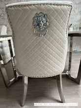 Load image into Gallery viewer, Chelsea Ivory With Chrome Legs Quilted French Velvet Lion Head Knocker Back Dining Chair