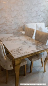 Louis Cream & Gold Pandora Dining Table With Gold Legs Sintered  Top + 4 Cream Giselle Dining Chairs