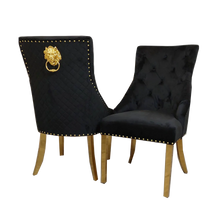 Load image into Gallery viewer, Chelsea Black With Gold Legs Quilted French Velvet Lion Head Knocker Back Dining Chair