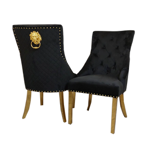 Chelsea Black With Gold Legs Quilted French Velvet Lion Head Knocker Back Dining Chair