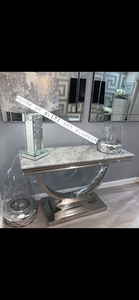 Arianna Grey Marble & Stainless Steel Circular Base Console Table 120cm x 40cm x 75cm