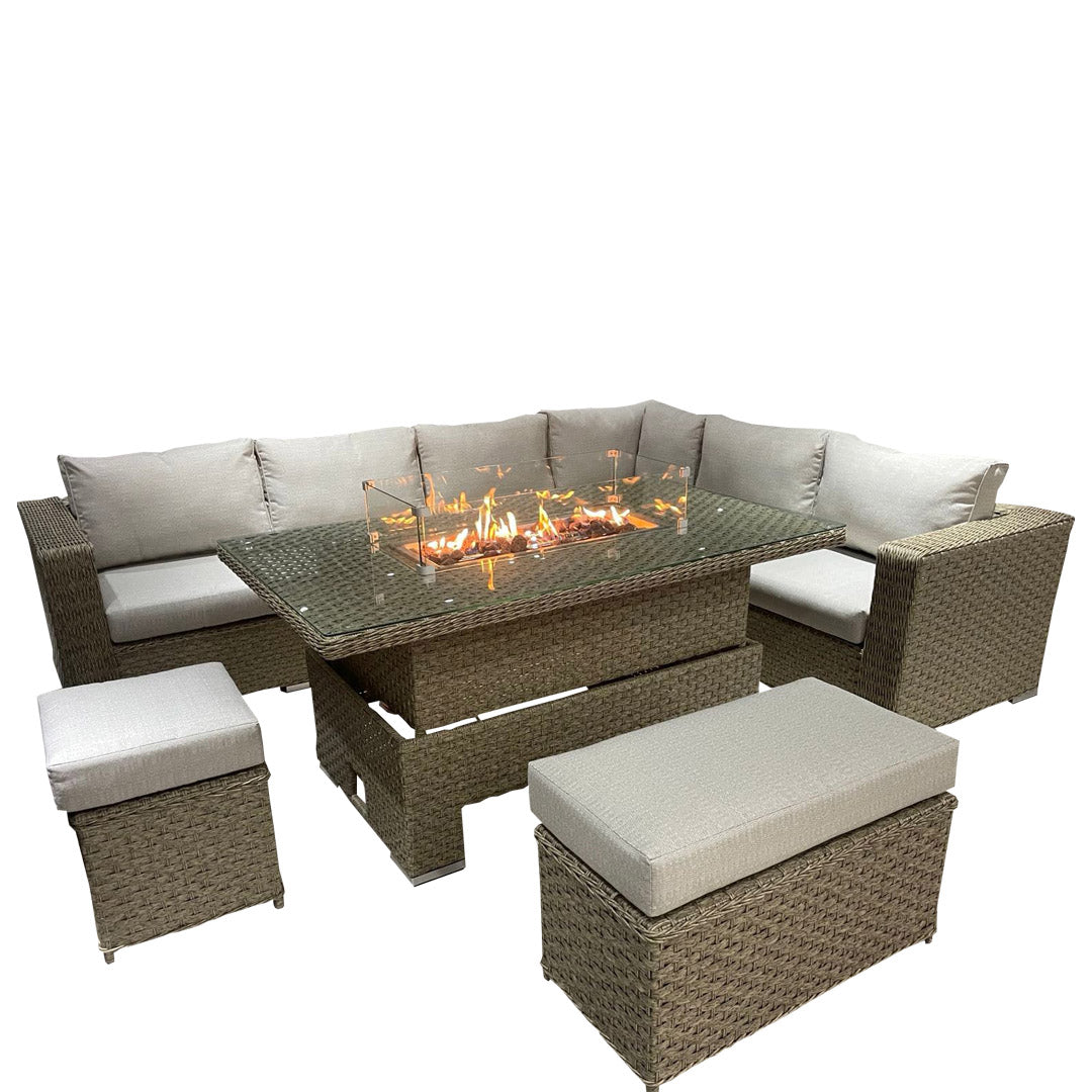 JAMAICA CORNER RISING DINING SET WITH FIRE PIT (NATURAL)