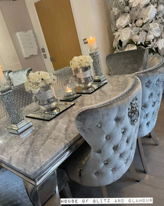 Louis 1.6m Grey Marble Dining Table + 6 Tufted  Winged Knocker Back Chairs